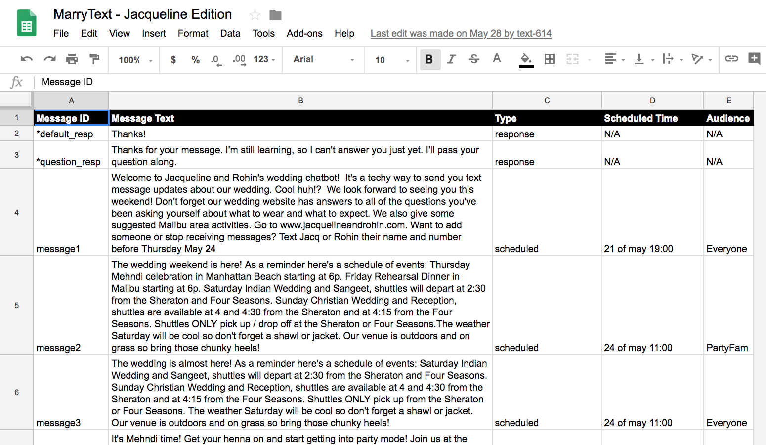 Screenshot of Google Sheets powering MarryText's responses.